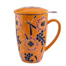 Orange Flowers Nature 15oz Porcelain Tea Mug With Lid & Stainless Steel Infuser