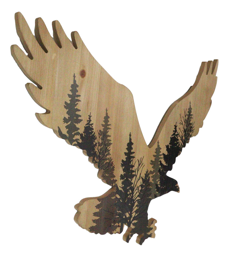 Large 23"L Bald Eagle Swooping With Pine Trees Forest Wooden Wall Decor Plaque