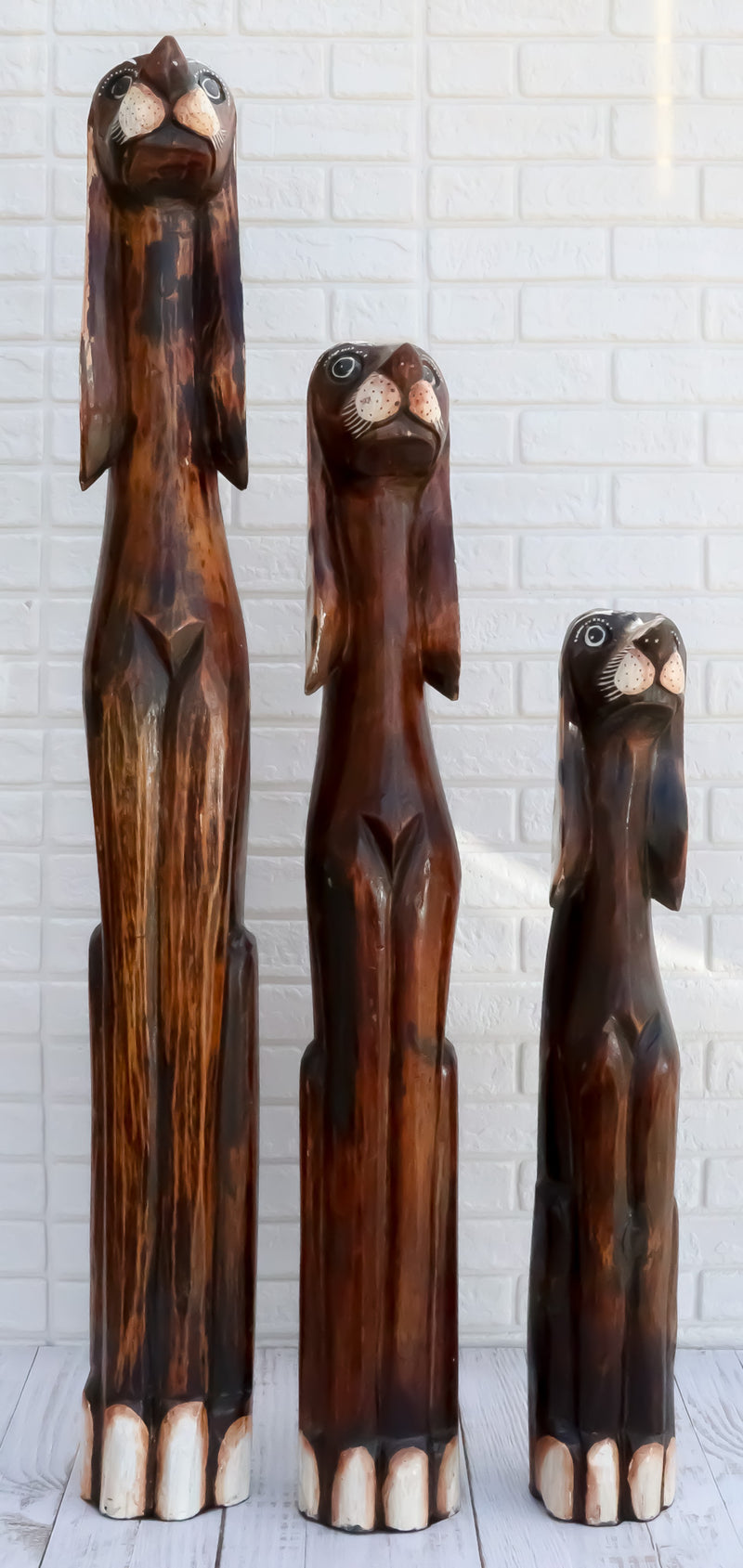 Balinese Wood Handicraft 3 Feet Large Polkadot Ears Canine Hound Dog Set