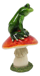 Rainforest Wildlife Green Pond Frog Sitting On Toadstool Mushroom Figurine