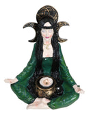 Wicca Witch Meditating With Triple Moon Sign And Cauldron Votive Candle Holder