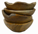 Pack Of 4 Hand Carved Rustic Live Edge Teak Wood Serveware Small Bowls 8"D
