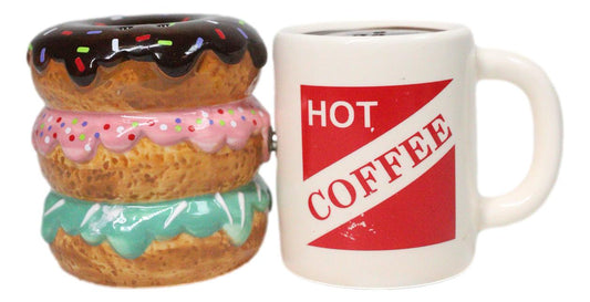 Donut Shop Breakfast Donuts And Hot Coffee Mug Ceramic Salt Pepper Shakers Set