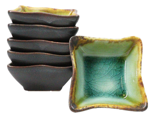 Pack Of 6 Green Midori Kannyu Porcelain Wavy Square Shaped Sauce Dishes 3oz