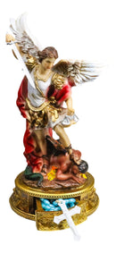 Archangel Saint Michael Trampling Satan Figurine With Rosary Drawer Box 9"H