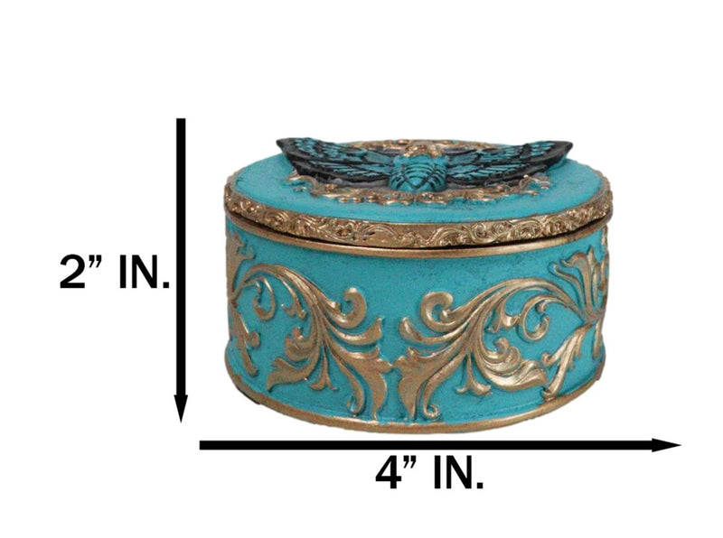Turquoise And Gold Scrollwork Death Moth Skull Decorative Trinket Jewelry Box
