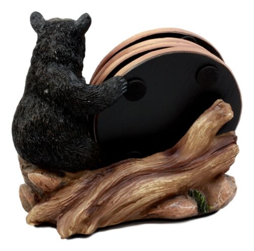 Rustic Woodlands Black Bear Paw Coaster Set 4 Round Coasters Figurine Holder 4"H