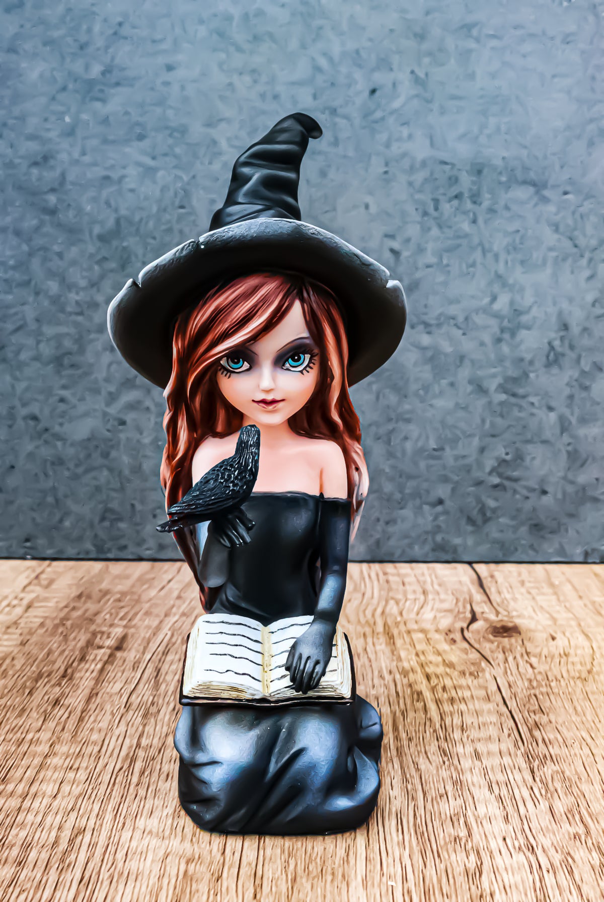 Gothic Pretty Enchantress Witch Holding Spell Book And Black Raven Crow Figurine