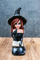 Gothic Pretty Enchantress Witch Holding Spell Book And Black Raven Crow Figurine