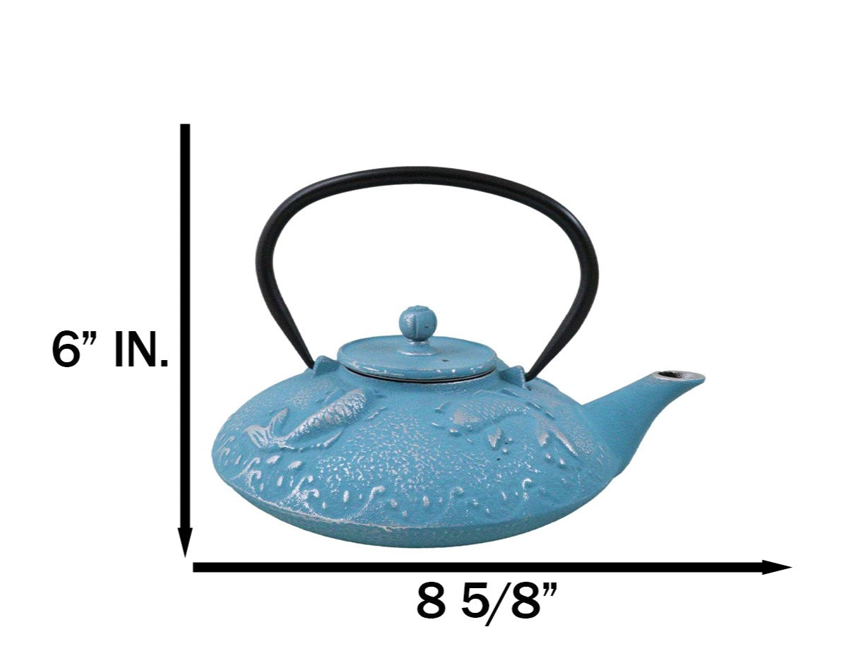 Turquoise Blue Auspicious Koi Fishes Cast Iron Tetsubin Teapot With Enamel Liner