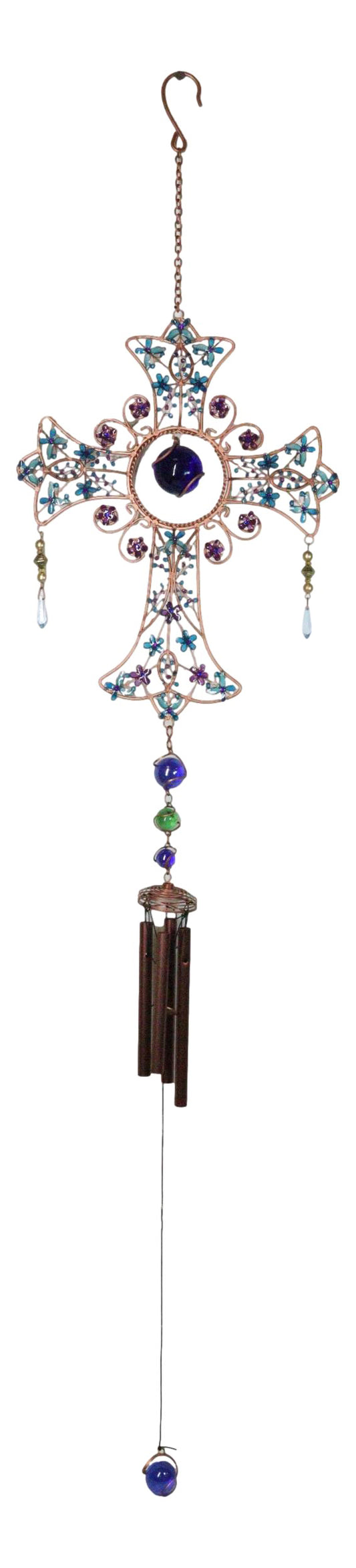 Blue Floral Scroll with Gemstones Christian Cross Art Glass Metal Wind Chime