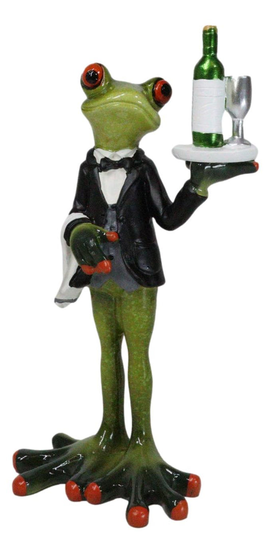 Green Toad Frog Silver Service Butler With Wine Glass And Bottle Figurine 7"H - Ebros Gift
