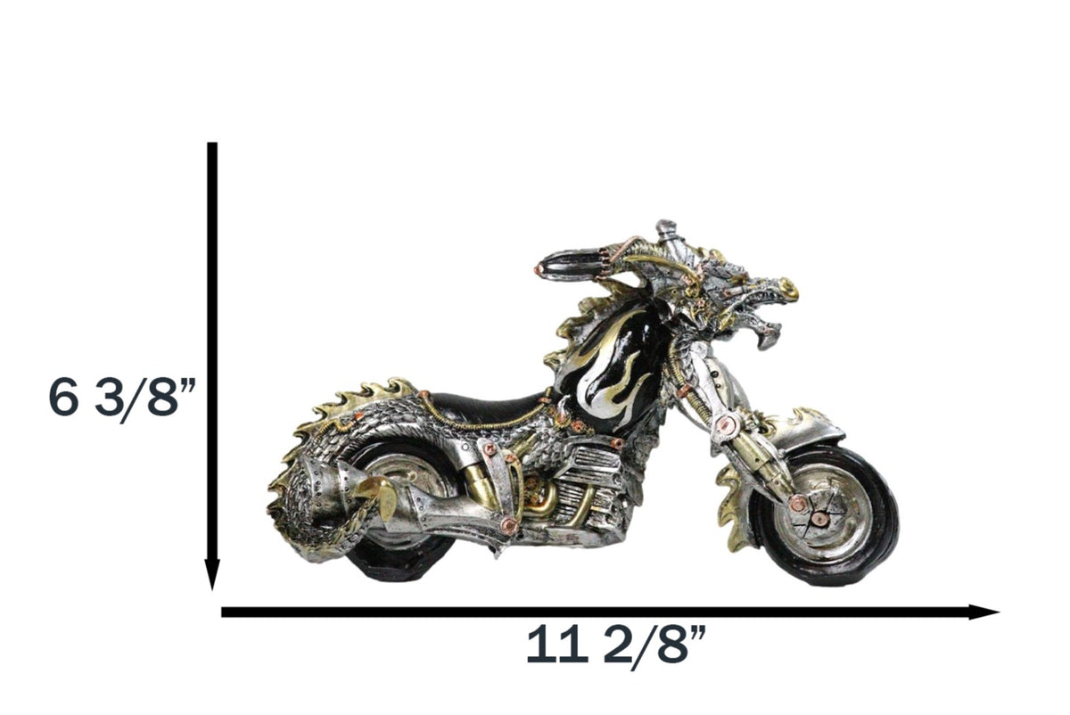 Dragon Motorcycle Metallic Silver & Gold Hot Rod Bike Sculpture Flame Accents