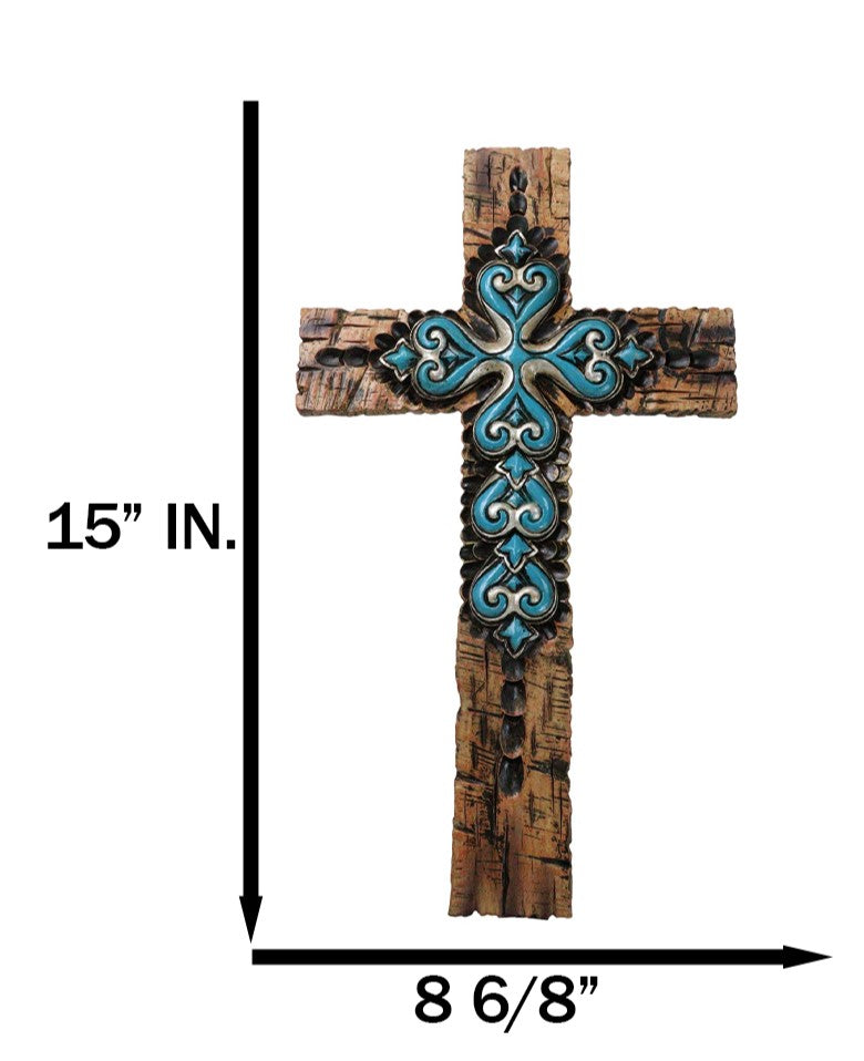 Rustic Southwestern Faux Wooden Turquoise Fleur De Lis Scrollwork Wall Cross