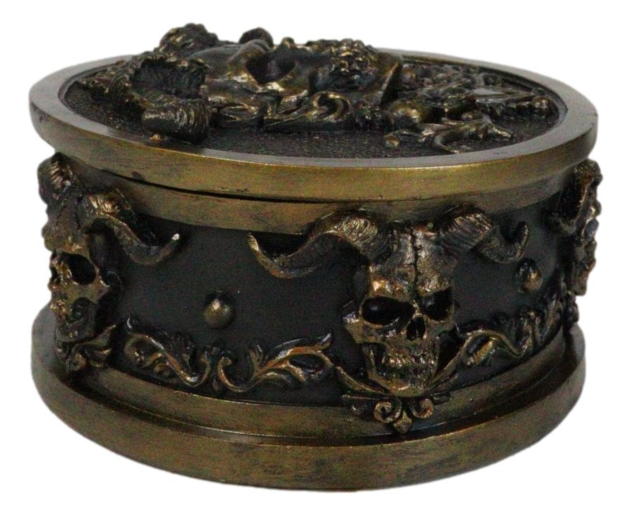 Hell Imp Horned Demon Skull Skeleton Floral Tooled Round Decorative Jewelry Box