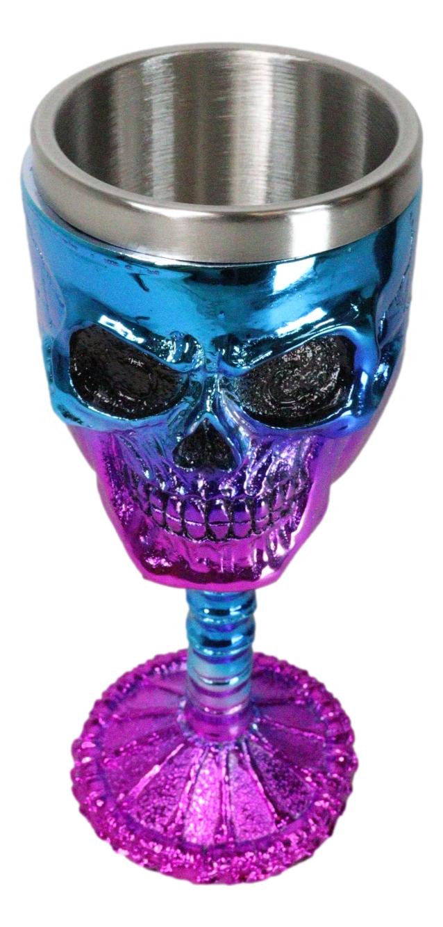 Metallic Blue And Pink Plated Skull With Skeleton Spine And Bones Wine Goblet - Ebros Gift