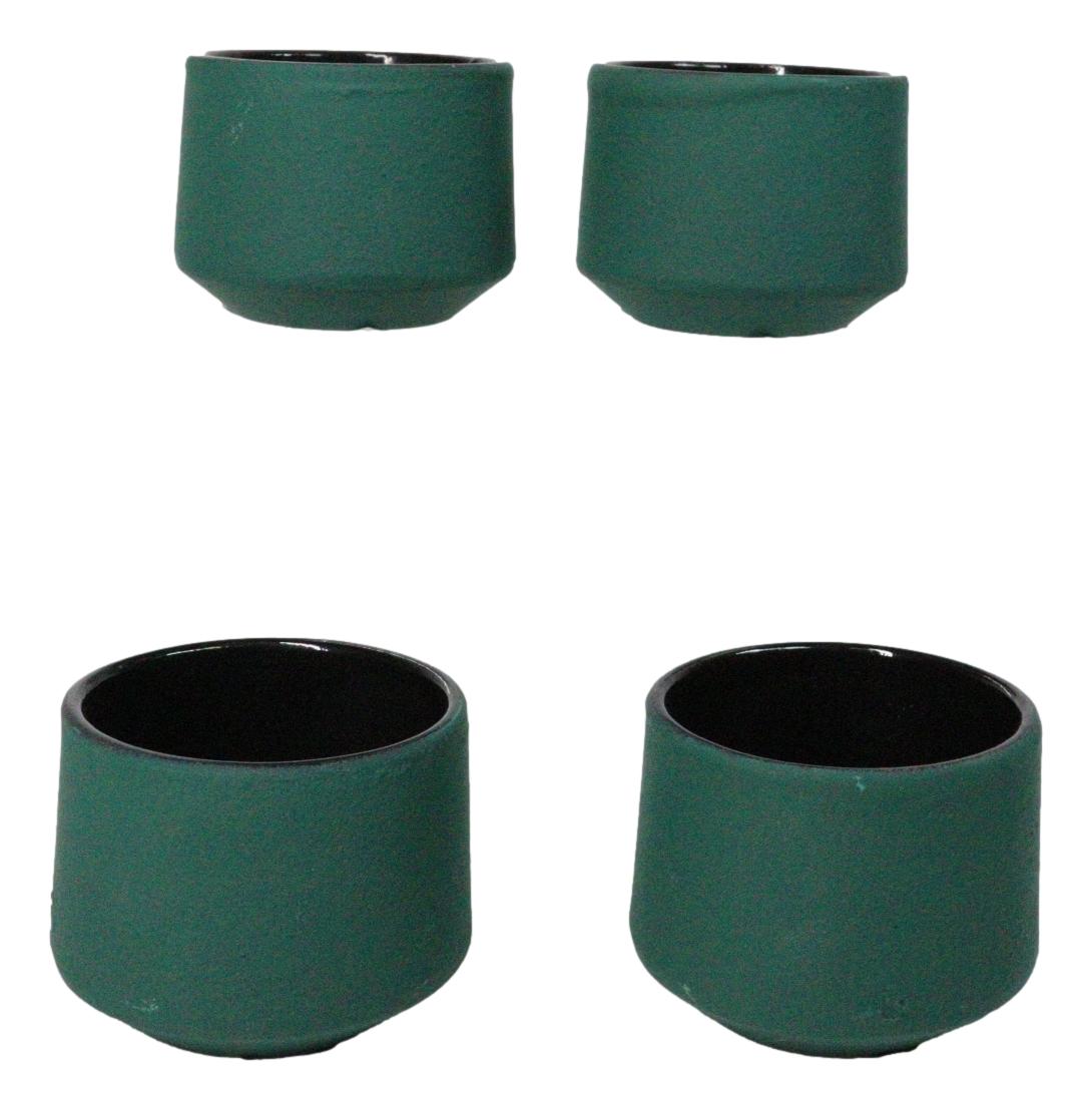 Green Modern Cylindrical Japanese Tetsubin Style Cast Iron Tea Cups Set of 4