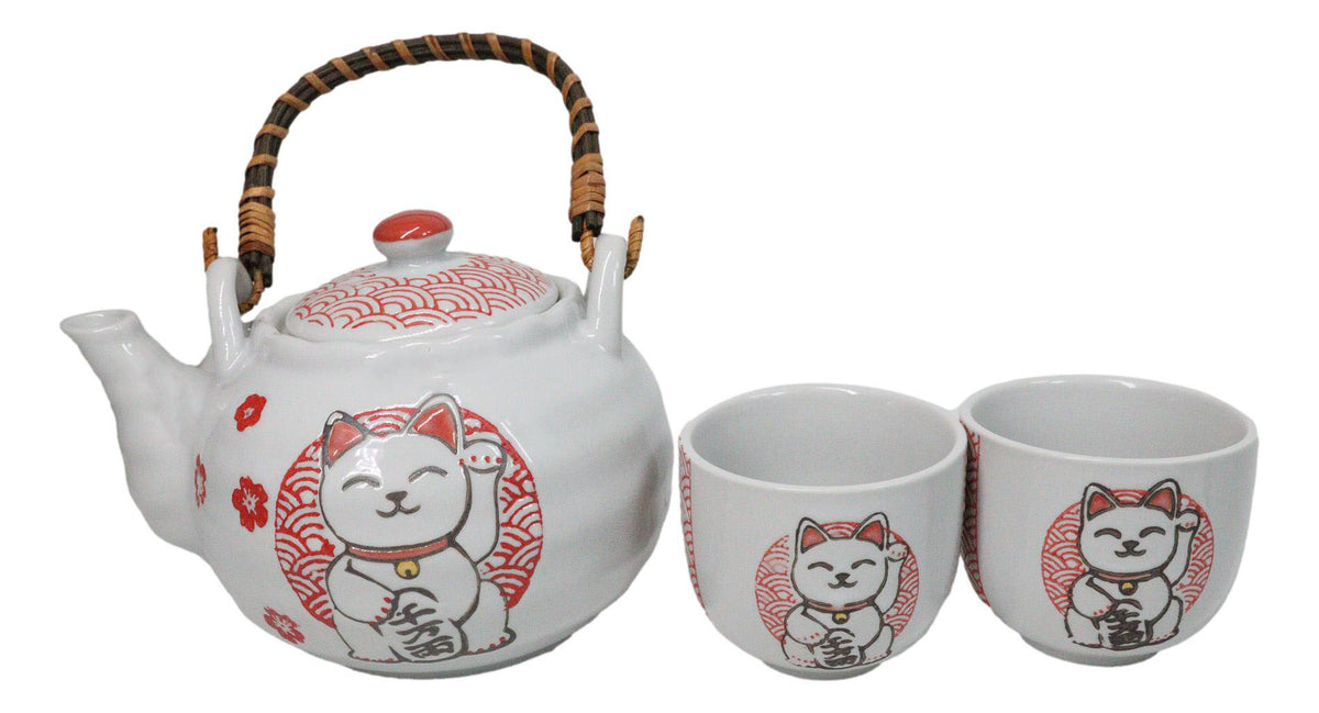 White Red Maneki Neko Lucky Cat Ceramic Tea Pot And 2 Cups Set Bamboo Handle