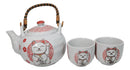 White Red Maneki Neko Lucky Cat Ceramic Tea Pot And 2 Cups Set Bamboo Handle