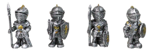 Set of 4 Medieval Suit of Armor Knights With Axe Sword Shields Mini Figurines - Ebros Gift