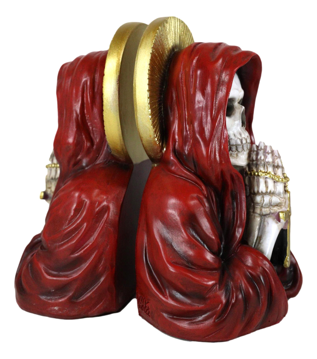 Day of The Dead Gothic Red Santa Muerte With Gold Halo Rosary Cross Bookends Set