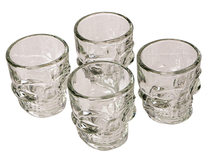 Set of 4 Clear Glass Gothic Skeleton Skull Face Liquor Shot Glasses Shooters