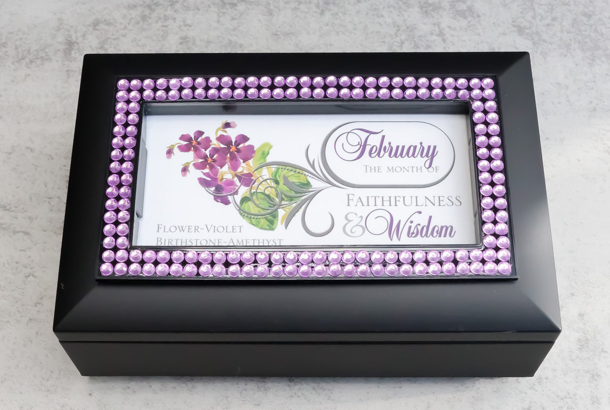 February Amethyst Birthstone Faithfulness And Wisdom Black Musical Trinket Box