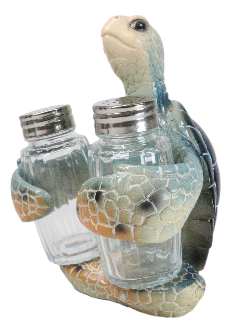 Nautical Marine Blue Giant Sea Turtle Hugging Salt And Pepper Shakers Holder Set - Ebros Gift