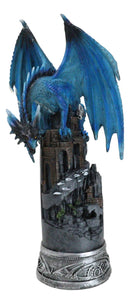 Blue Elemental Ice Dragon Perching On Medieval Stonewall Castle Tower Figurine