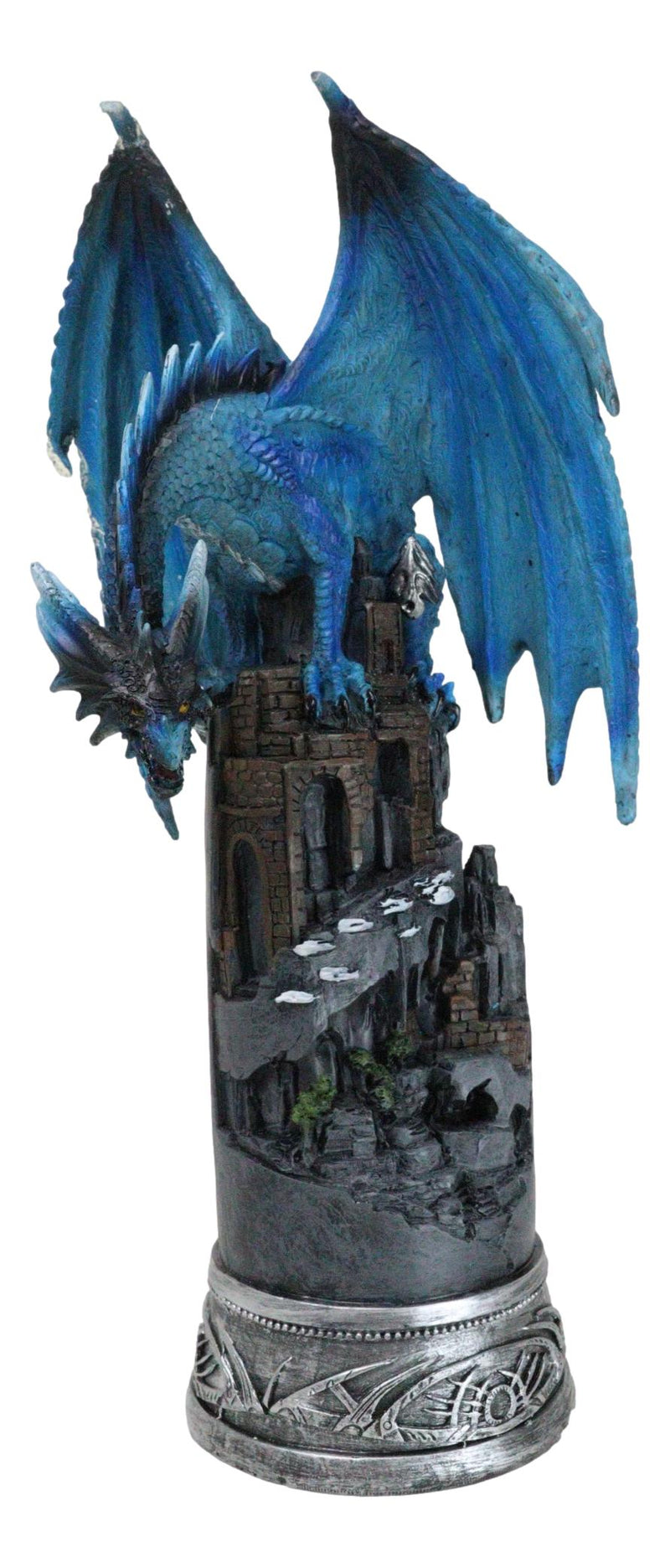 Blue Elemental Ice Dragon Perching On Medieval Stonewall Castle Tower Figurine