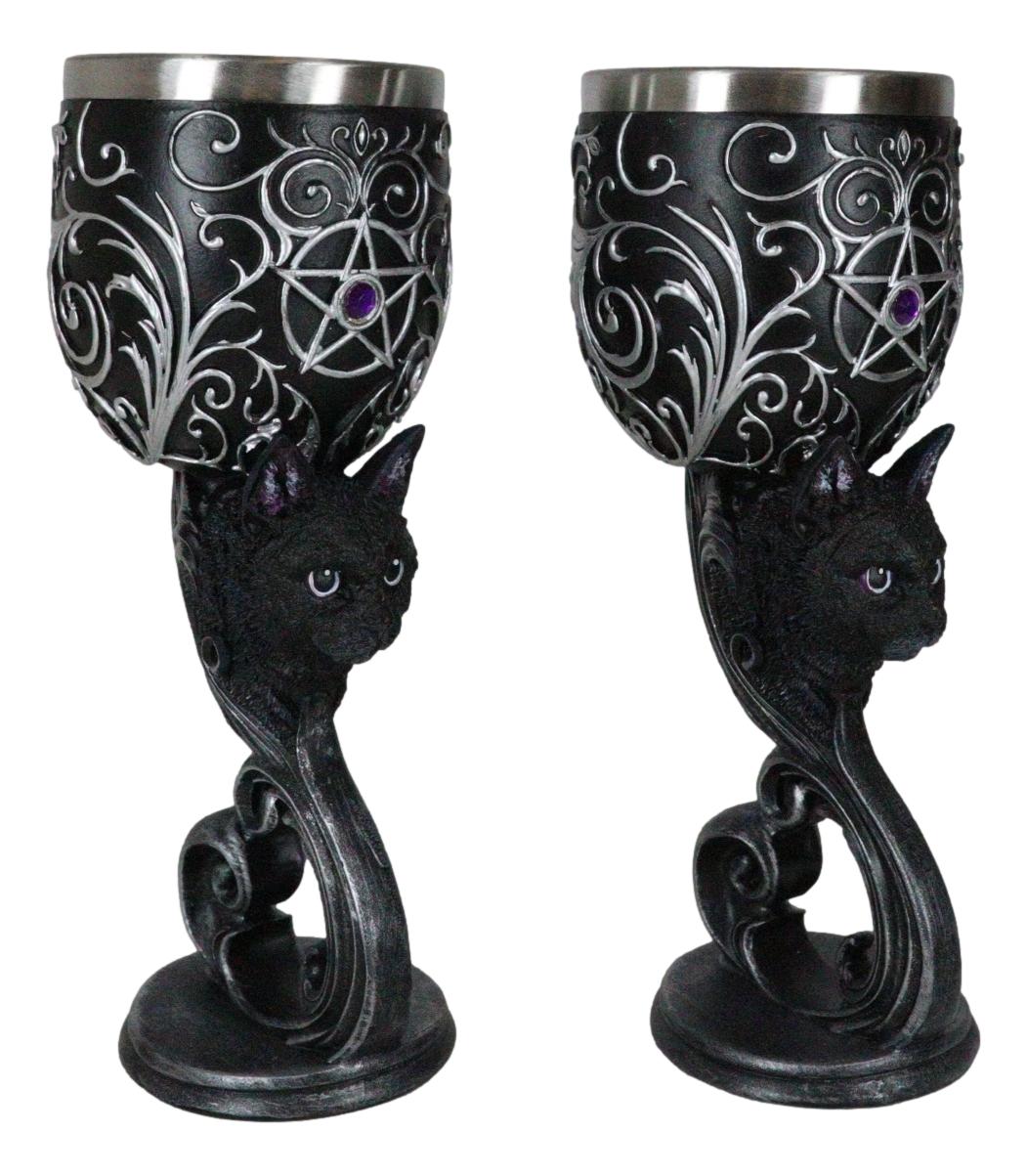 Set Of 2 Wicca Black Cats Familiars Love Hex Of The Heart Pentagram Wine Goblets