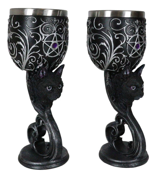 Set Of 2 Wicca Black Cats Familiars Love Hex Of The Heart Pentagram Wine Goblets