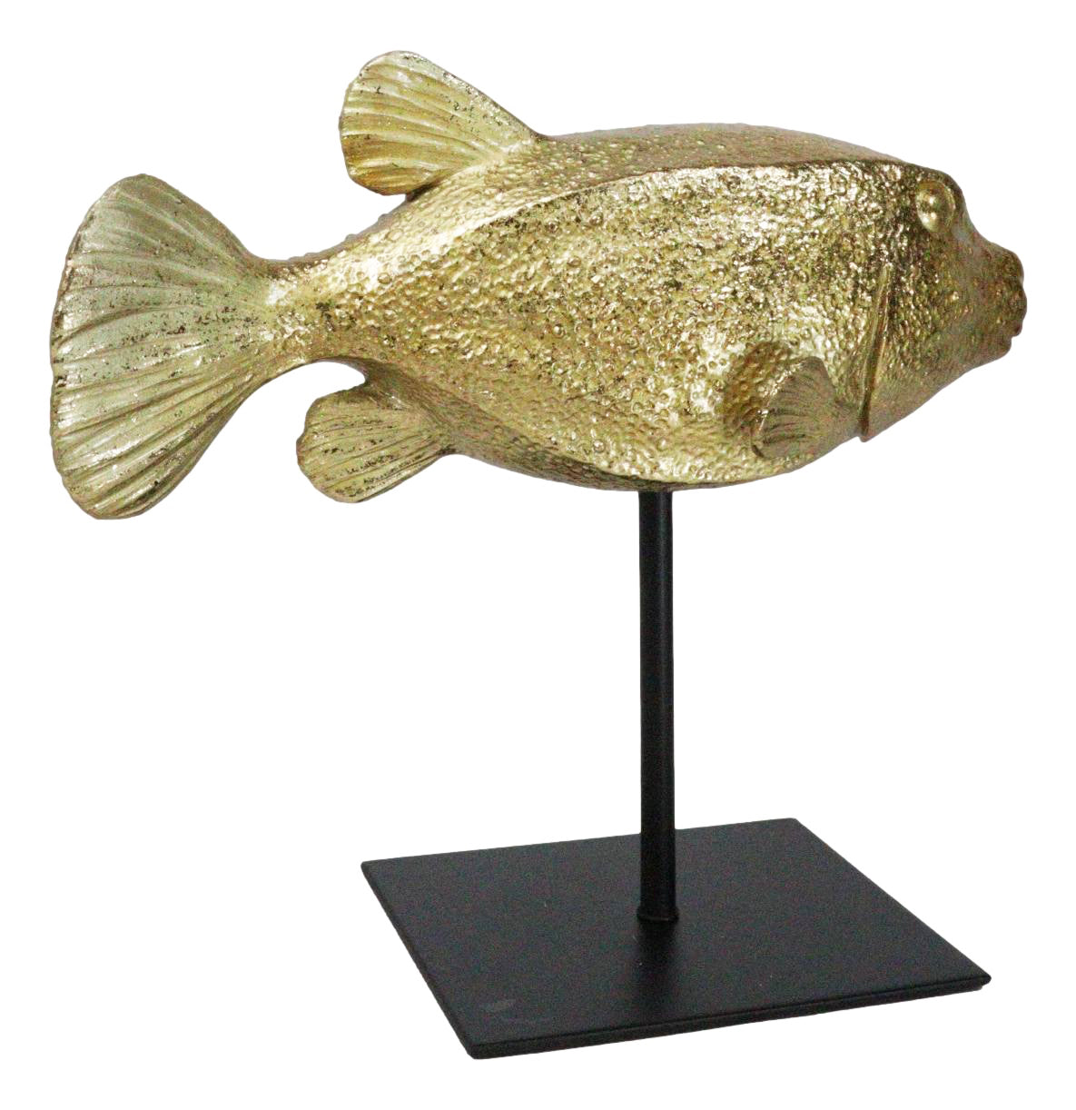 Nautical Marine Gold Tone Yellow Boxfish Fish Sculpture With Museum Pole Stand