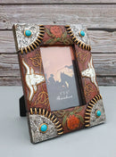 Rustic Western Longhorns Silver Conchos Turquoise Gems Picture Photo Frame 4"X6"