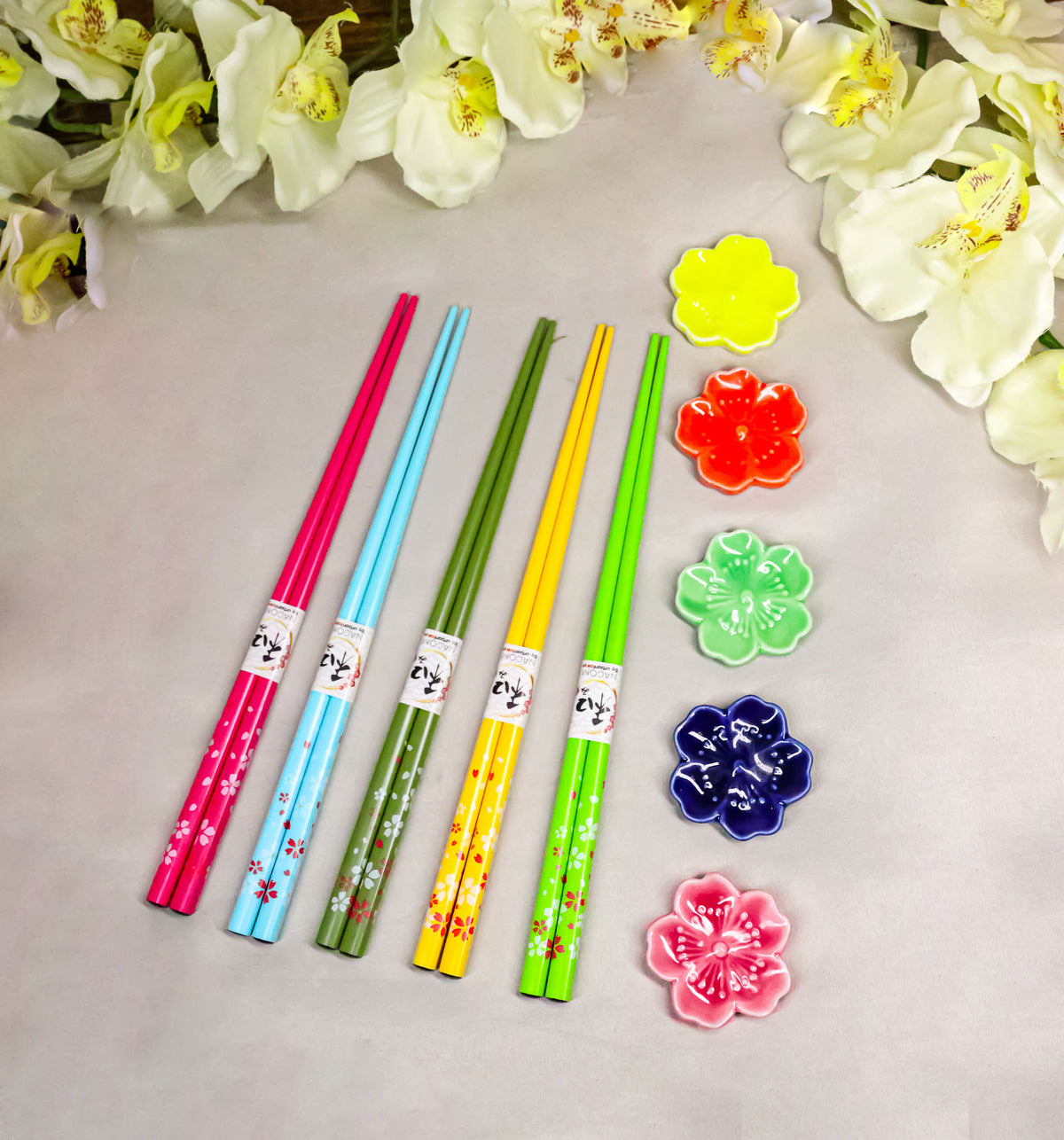 5 Pairs Of Sakura Cherry Blossoms Ceramic Rests With Wooden Chopsticks Set