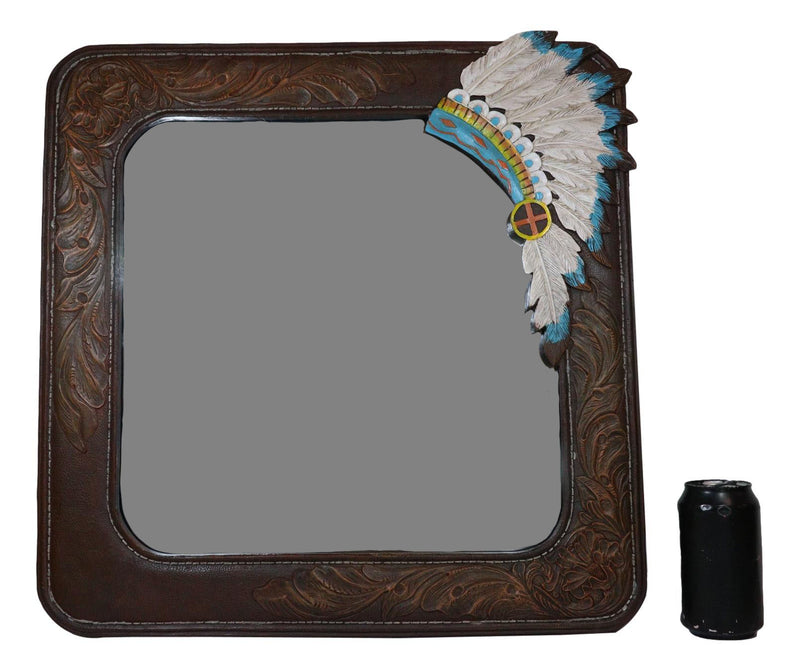 Rustic Southwestern Indian Chief Headdress Faux Tooled Leather Wall Mirror Decor
