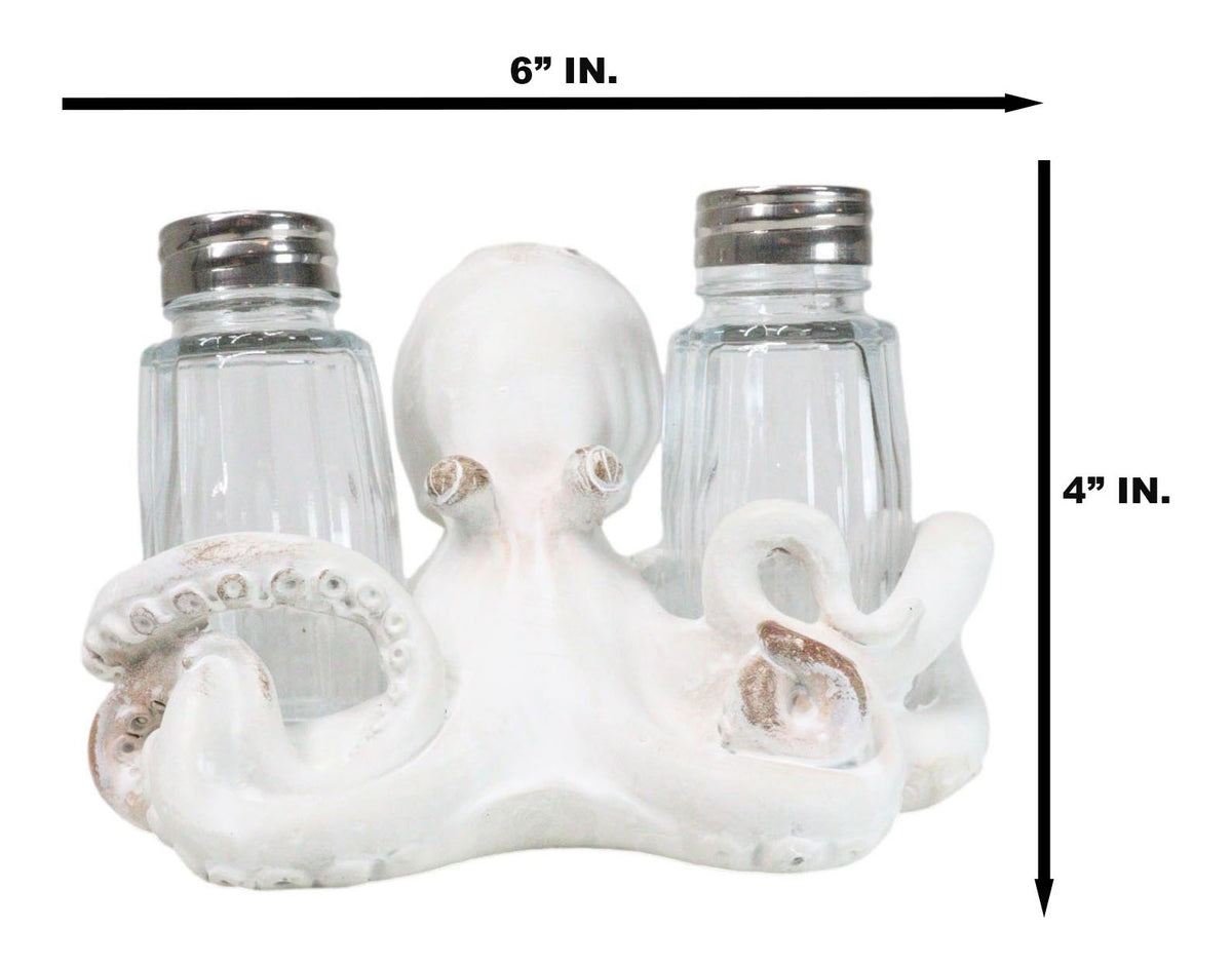 Antique White Nautical Marine Cephalopod Octopus Salt Pepper Shakers Holder Set