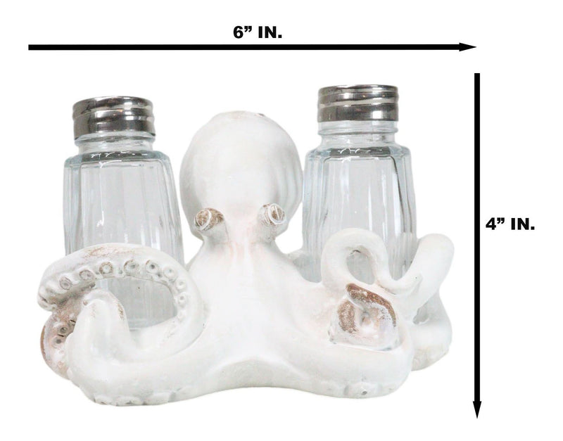 Antique White Nautical Marine Cephalopod Octopus Salt Pepper Shakers Holder Set
