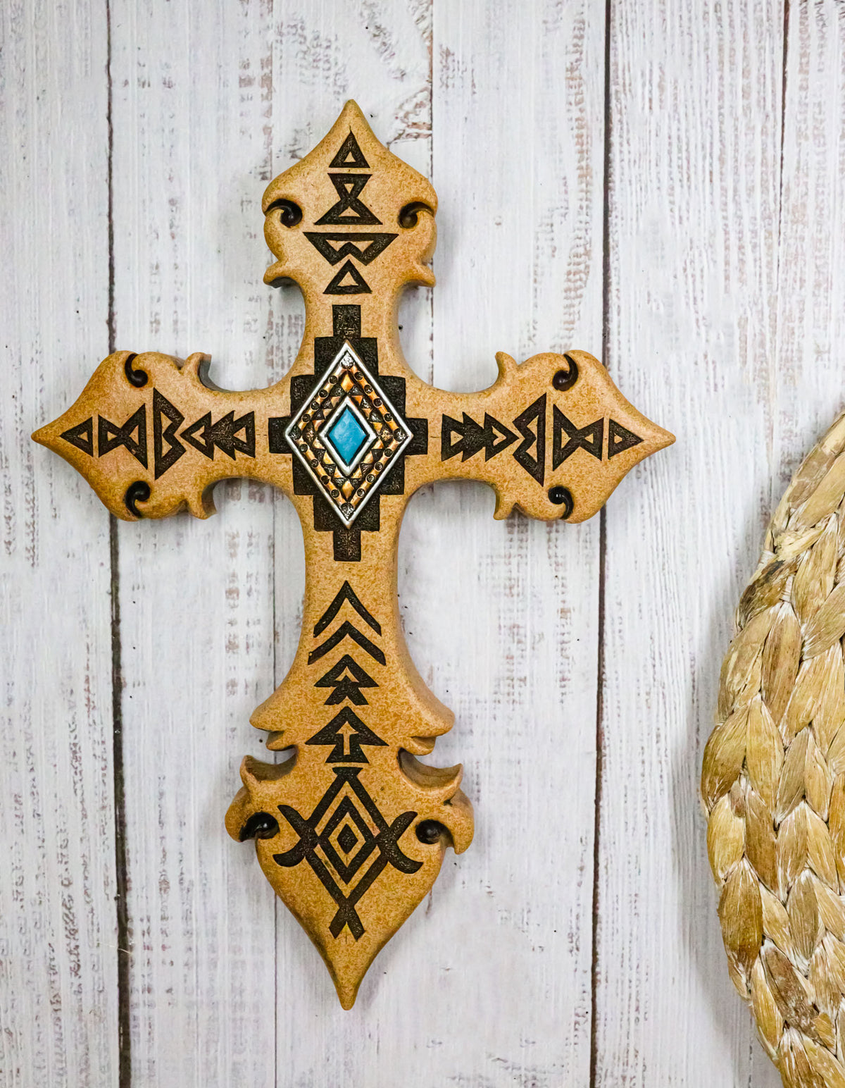 Southwestern Rustic Aztec Vectors Turquoise Diamond Cream Wall Cross Figurine
