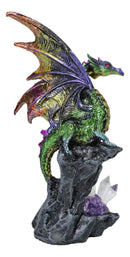 Iridescent Green Purple Dragon Perching On Cliff Rock with Crystals Figurine