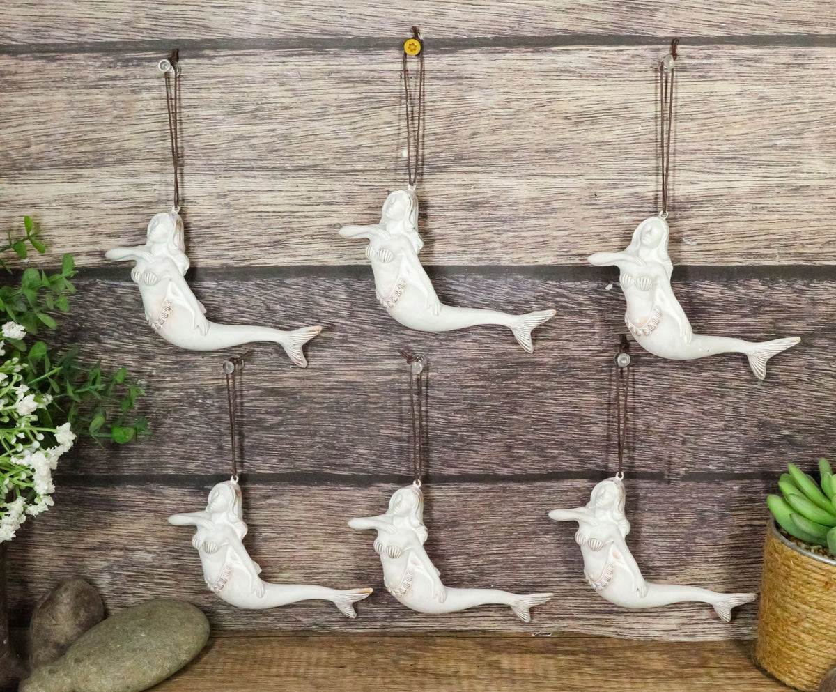 Set Of 6 Antique White Ocean Marine Mermaid Wall Hanging Decor Tree Ornaments