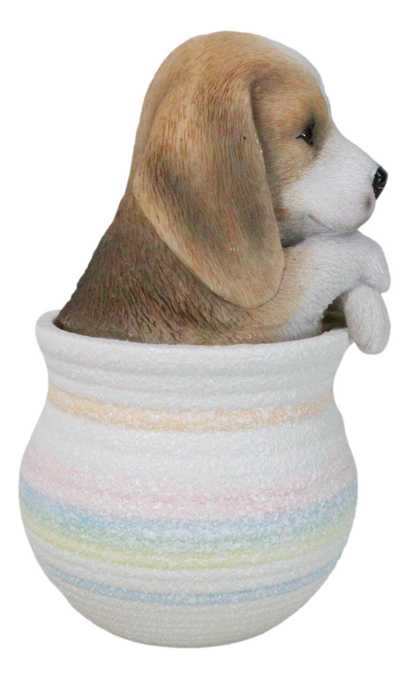 Realistic Tri Color Beagle Puppy Dog Figurine With Glass Eyes Pup In Pot