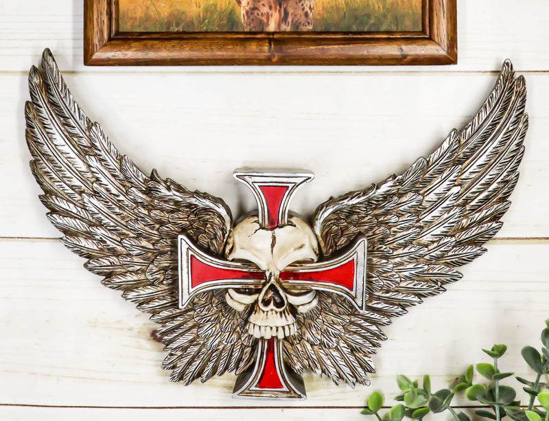 Gothic Angel Winged Biker Skull With Red Crucifix Cross Wall Decor Plaque