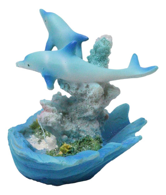 Marine Ocean 2 Blue Dolphins Swimming By Coral Reef and Clam Seashell Figurine
