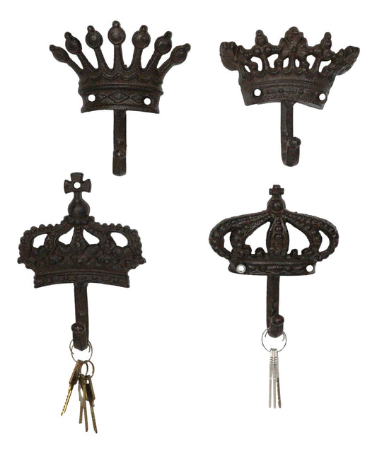 Pack Of 4 Cast Iron Medieval Royalty King and Queen Crowns Wall Coat Hooks