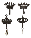 Pack Of 4 Cast Iron Medieval Royalty King and Queen Crowns Wall Coat Hooks