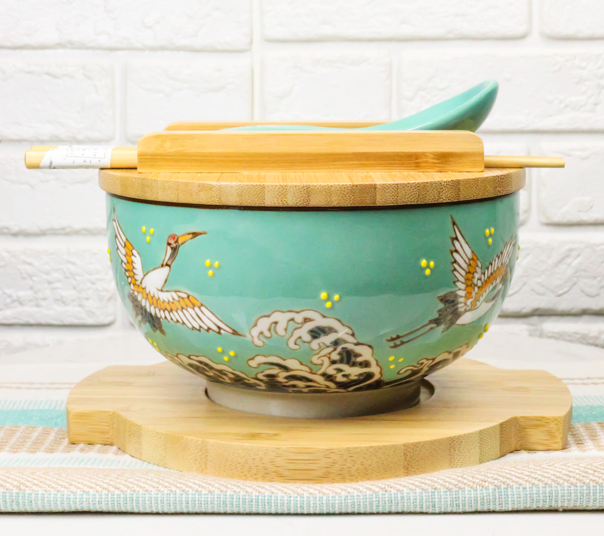 Turquoise Japanese Crane Donburi Ramen Bowl With Lid Trivet Spoon Chopsticks Set