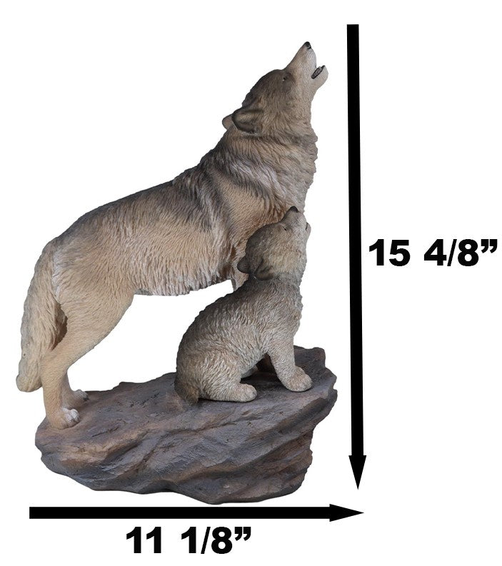 Large Full Moon Howling Spirit Wolf Alpha With Puppy On Rock Ledge Statue 15.5"H