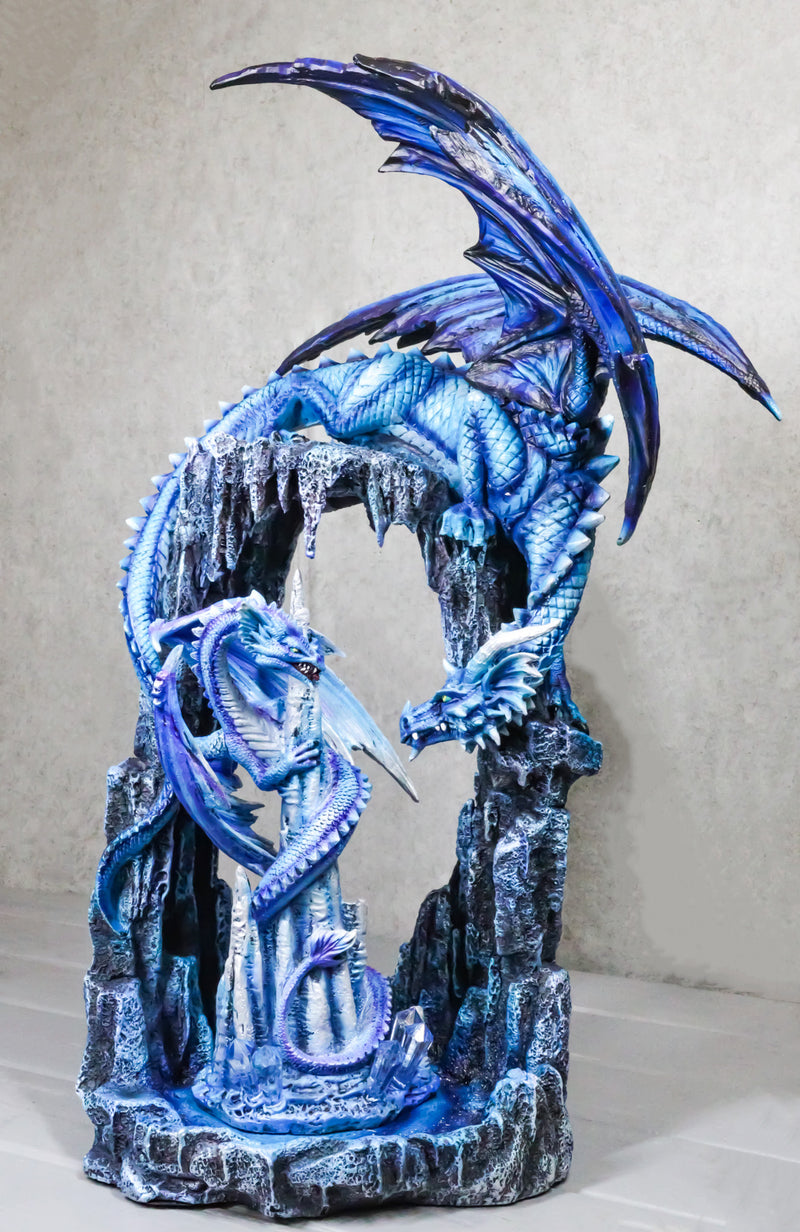 20"H Large Blue Frozen Dragon On Arch With Wyrmling By Ice Stalagmite Statue