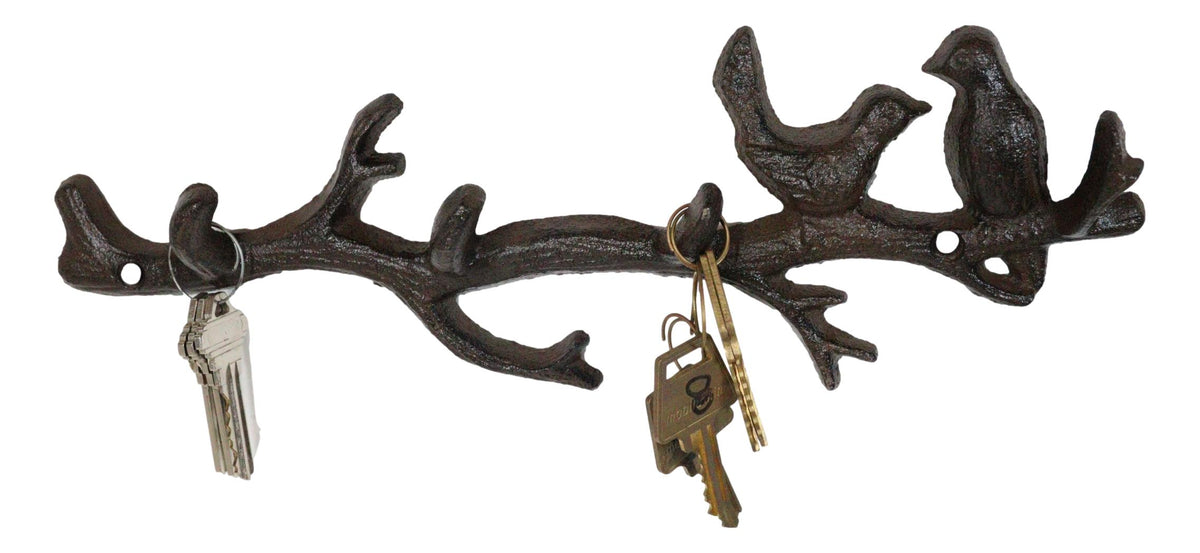 Rustic Cast Iron 2 Lovebirds On Tree Branch Multi Points Wall Hooks 12.5" Long